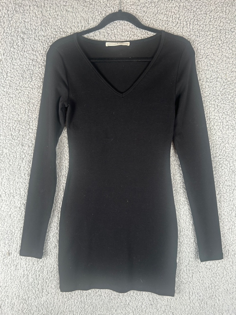 Peruvian Connection V-Neck Long Sleeve Bodycon Stretchy Black Mini Dress Size XS